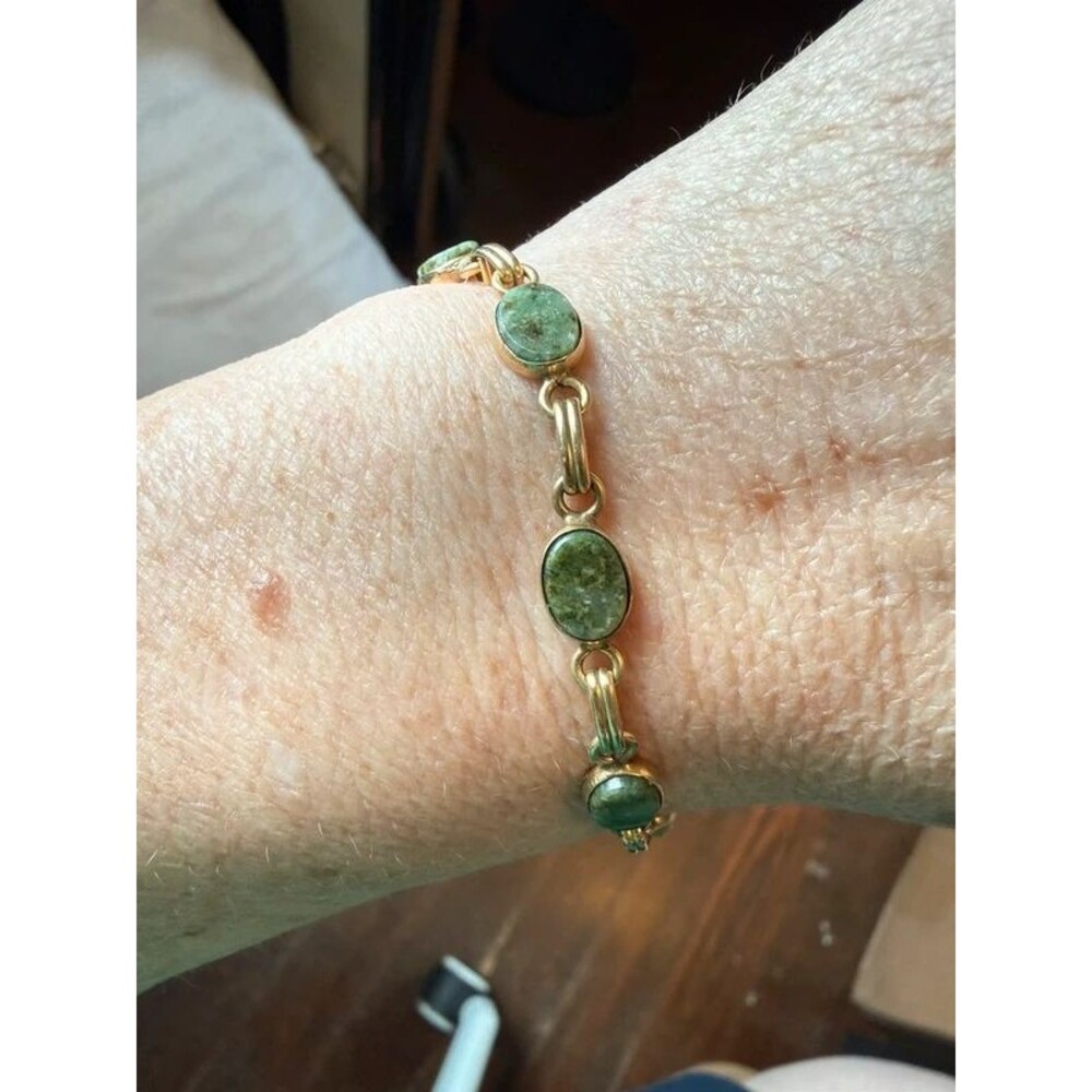 Vintage Mid-Century 12K GF Green Jade Cabochon Link Bracelet w Safety Chain 7